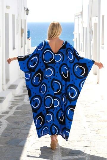 1067 Kadın Saks Mavi V Yaka Desenli Standart Beden Elbise