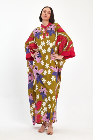 1069 Kadın Hakim Yaka Bağcıklı Desenli Standart Beden Etnik Elbise