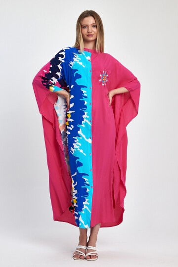 1076 Kadın Hakim Yaka Baskı Ve Nakış Detaylı Cepli Büyük Beden Gömlek Elbise