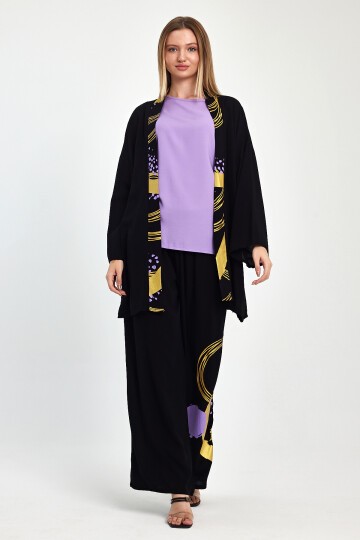 1084 Siyah Altın Desen Baskılı Sırt Detaylı 3 lü Viskon Takım