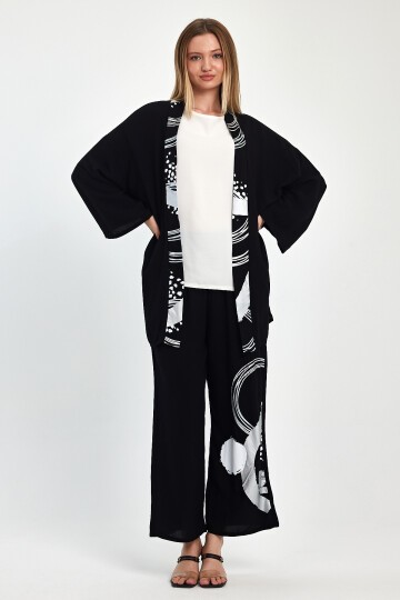 1084 Siyah Gümüş Desen Baskılı Sırt Detaylı 3 lü Viskon Takım