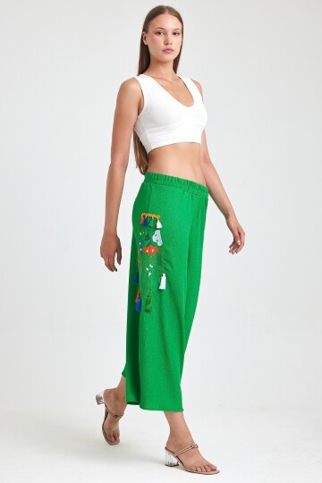 913 Yeşil Otantik Nakış Püskül Detay Bürümcük Pantolon