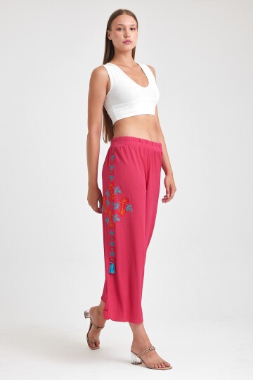 914 Fuşya Büyük Beden Otantik Nakış Püskül Detay Bürümcük Pantolon