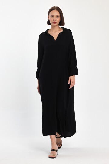 920 Siyah V Yaka Cepli Kol Detaylı Viskon Elbise