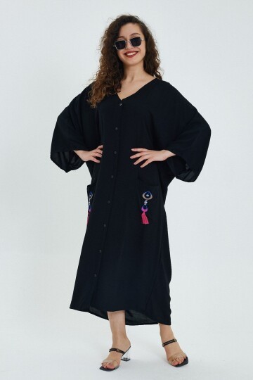 923 Siyah Nakış Detay Büyük Beden Elbise