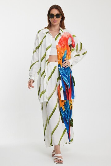 934 Beyaz Yeşil Papağan Baskılı Viskon Takım