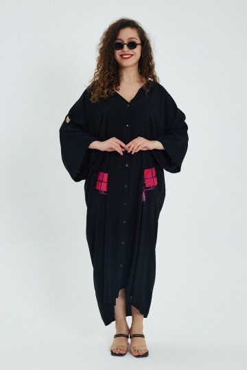 938 Siyah Kol Dekolte Sırt Nakış Detay Büyük Beden Elbise