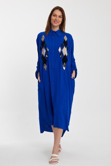 943 Saks Mavi Kadın Pul İşlemeli Viskon Gömlek Elbise