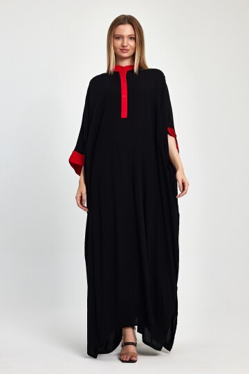 957 Siyah Kırmızı Yarım Kapamalı Sırt Nakış Detaylı Büyük Beden Viskon Elbise