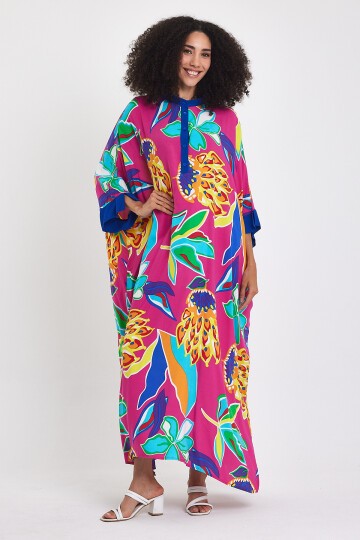 969 Fuşya Floral Desen Büyük Beden Gömlek Elbise