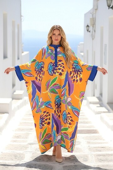 969 Sarı Floral Desen Büyük Beden Gömlek Elbise