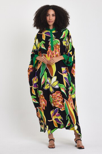 969 Siyah Floral Desen Büyük Beden Gömlek Elbise