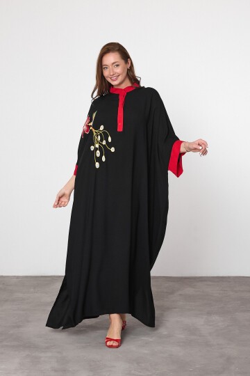 978 Siyah Kuş Nakışlı Yarım Kapamalı Büyük Beden Elbise