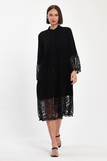 983 Siyah Hakim Yaka Düğmeli Tül Detaylı Viskon Elbise