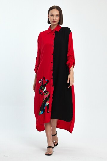 991 Siyah Kırmızı Kadın Figür Nakışlı Viskon Gömlek Elbise