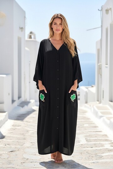 992 Siyah Yonca Nakış Büyük Beden Elbise