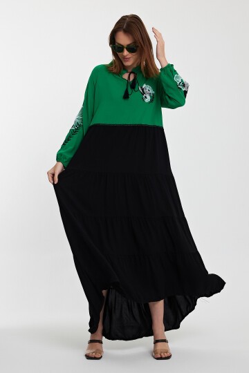 996 Kadın Kolları Nakış İşlemeli Yaka Bağcıklı Uzun Tesettür Elbise