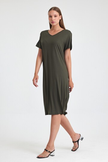 C2 Haki V Yaka Penye Viskon Elbise