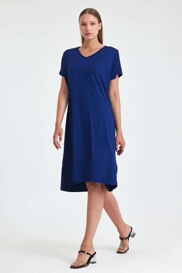 C2 Lacivert V Yaka Penye Viskon Elbise