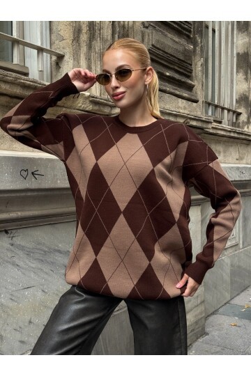 T3027 Kahve-Siyah Baklava Kazak