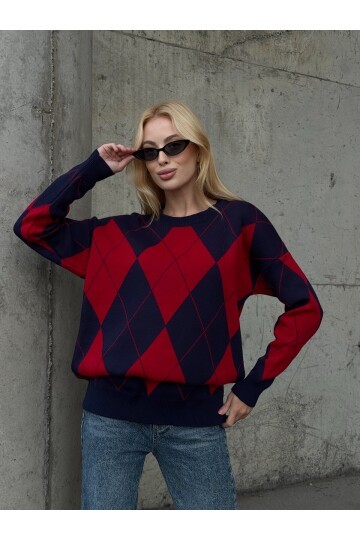 T3027 Kırmızı-Lacivert Baklava Kazak