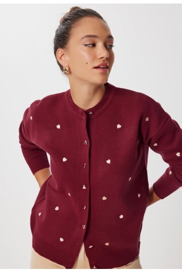 T3219 Bordo Küçük Kalp Detaylı Triko