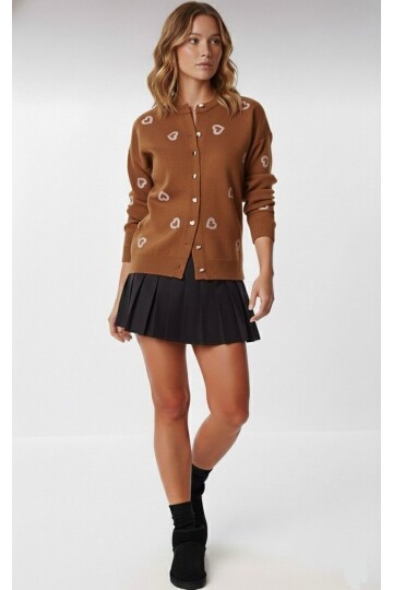 T3245 Kahve Küçük Kalp Detaylı Triko