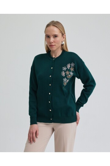 T3264 Petrol Çiçek İşlemeli Triko Ceket