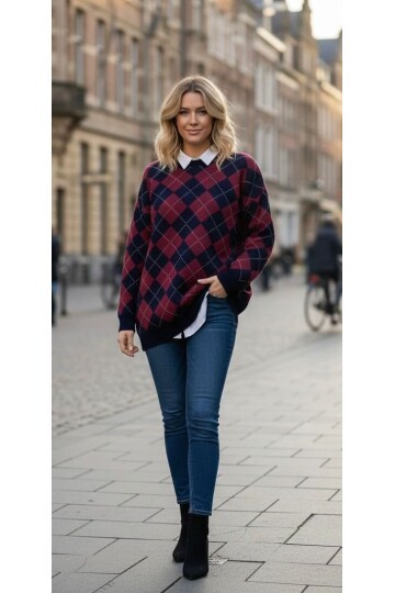 T3299 Kırmızı-Lacivert Baklava Desenli Triko