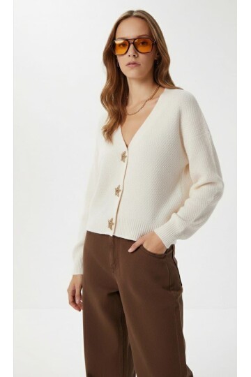 T500 Beyaz Yıldız Düğmeli Ceket Triko