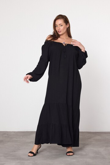 V033 Siyah Kadın Madonna Yaka Bağcıklı Elbise