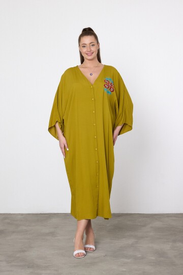 V038 Hardal Çiçek Nakışlı Büyük Beden Gömlek Elbise
