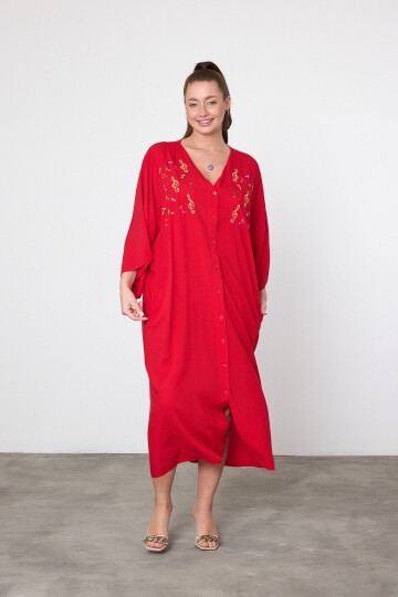 V040 Kırmızı Kadın V Yaka Mini Nota Nakışlı Büyük Beden Gömlek Elbise