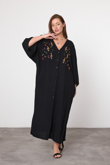 V040 Siyah Kadın V Yaka Mini Nota Nakışlı Büyük Beden Gömlek Elbise