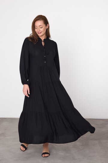 V041 Siyah Kadın Bisiklet Yaka Bağcıklı Düğme Kapamalı Balon  Kol Uzun Elbise