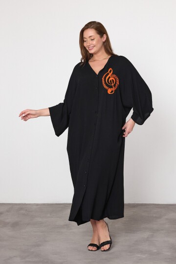 V050 Siyah Kadın V Yaka Düğme Kapalı Nota Nakış Detalı Büyük Beden Gömlek Elbise