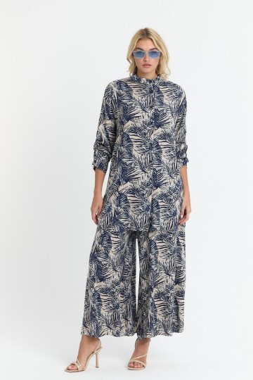 V053 Lacivert Yaprak Desen Gömlek Pantolon Takım