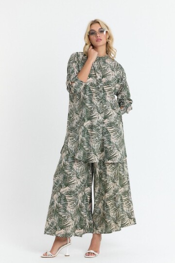 V053 Yeşil Yaprak Desen Gömlek Pantolon Takım