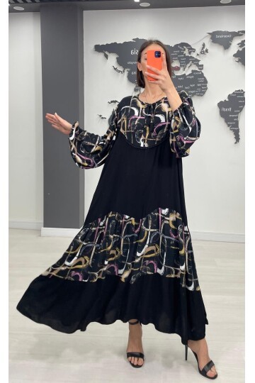 V056 Kadın Yaka Bağcıklı Desenli Viskon Elbise