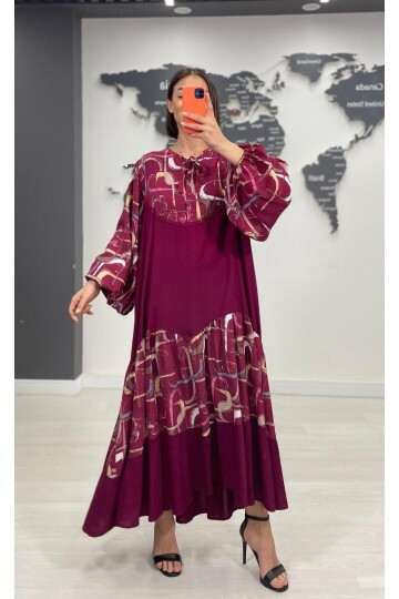 V056 Kadın Yaka Bağcıklı Desenli Viskon Elbise