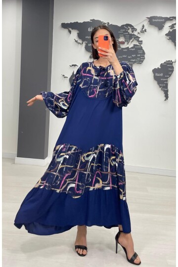 V056 Kadın Yaka Bağcıklı Desenli Viskon Elbise