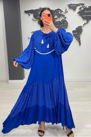 V056 Kadın Yaka Bağcıklı Desenli Viskon Elbise