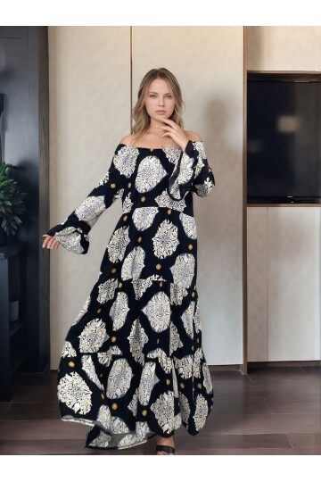 V071 Siyah Desenli Madonna Yaka Elbise