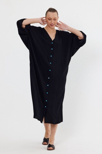 V076 Siyah Nazar Boncuk Baskılı Büyük Beden Elbise