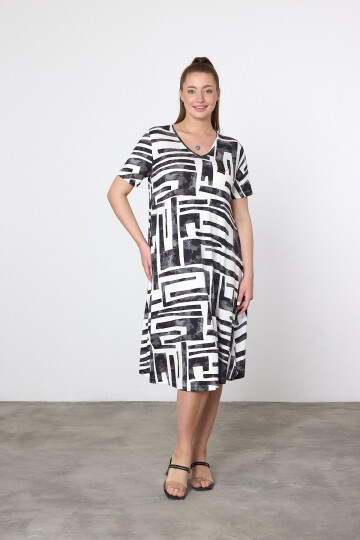 V20 Otantik Desenli V Yaka Kısa Kol Pamuk Penye Elbise