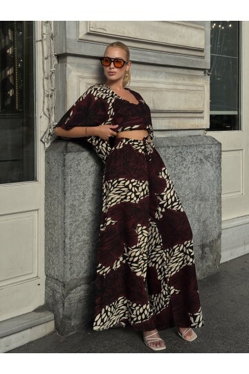 V205 Bordo Floral Desen Kısa Kol Bluz Pantolon Takım