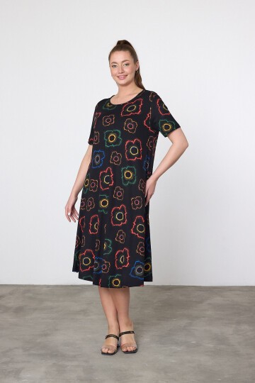 V21 Çiçek Desenli Oval Yaka Kısa Kol Pamuk Penye Elbise