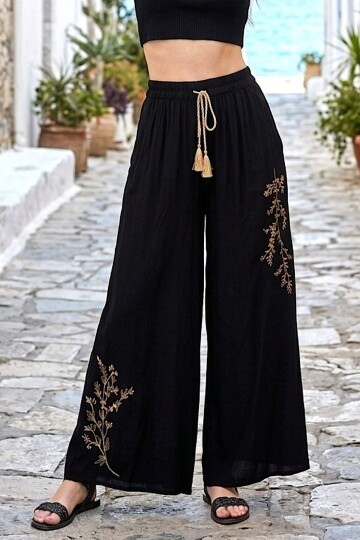 V251 Siyah Nakışlı Bol Paça Pantolon