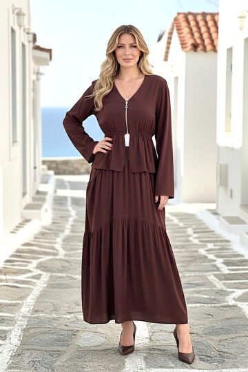 V252 Kahverengi Göğüs Fermarlı Etekli Takım