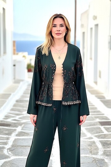 V254 Zümrüt Yeşili Desenli Gömlek Takım